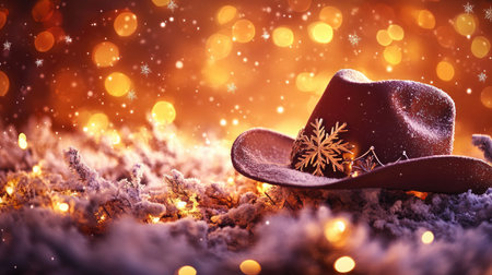 A charming cowboy hat adorned with a snowflake ornament rests on soft snow, surrounded by warm bokeh lights, creating a magical winter atmosphere.の素材