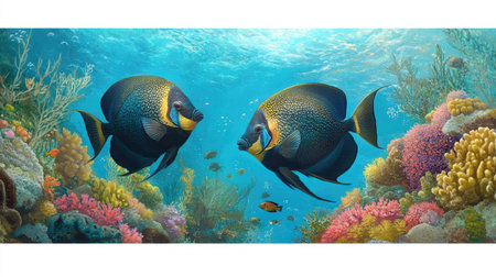 This stunning underwater scene captures two tropical fish swimming gracefully through a vibrant coral reef, showcasing the beauty of marine life.の素材