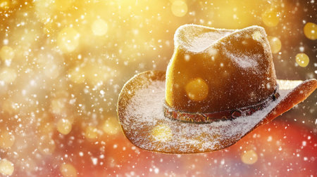 A charming snowy cowboy hat contrasts against a warm golden background filled with soft bokeh lights, evoking a festive winter atmosphere perfect for seasonal themes.の素材