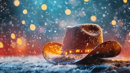 A striking cowboy hat adorned with lights rests on a snowy surface, surrounded by a dreamy bokeh background, creating a magical winter atmosphere perfect for seasonal festivities.の素材