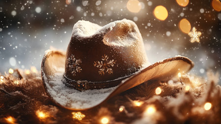 A beautiful cowboy hat covered in a light dusting of snow glistens amidst shimmering soft lights, creating a cozy and festive winter atmosphere.の素材