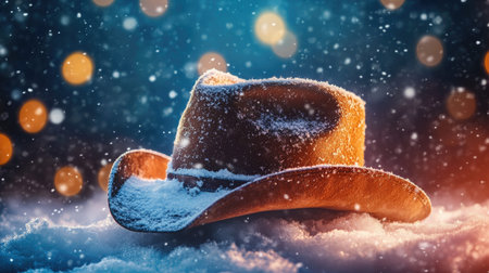 A charming snow-covered cowboy hat rests on a snowy surface, beautifully contrasted against a colorful bokeh background. Perfect for winter themes.の素材