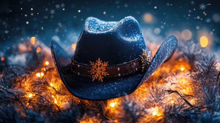 A captivating snowy cowboy hat rests among pine branches, illuminated by soft, glowing lights, creating a magical winter atmosphere perfect for festive themes.の素材