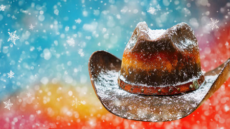 A striking image of a snow-covered cowboy hat against a vibrant, colorful background, evoking a whimsical winter wonderland atmosphere. Perfect for seasonal themes.の素材