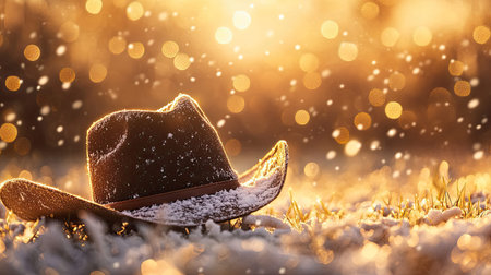 A charming cowboy hat covered in a dusting of snow rests on a soft blanket of grass, illuminated by the warm glow of a sunset, creating a serene winter landscape.の素材