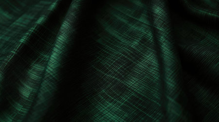 This close-up image showcases a textured green fabric with subtle patterns and a glossy finish, ideal for design projects, backgrounds, and creative artwork.の素材
