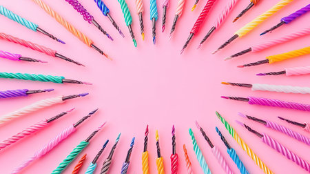 A vibrant arrangement of colorful candles placed in a circular formation on a pink background, perfect for birthdays and festive celebrations, adding joy and brightness to any event.の素材