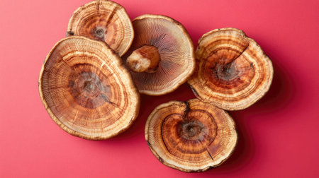 A vivid display of tree stump slices showcasing intricate wood patterns on a pink background, perfect for creative designs, nature projects, and aesthetics.の素材