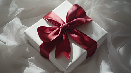 A beautifully wrapped white gift box adorned with a luxurious red satin ribbon, resting on soft fabric, perfect for any special occasion or celebration.の素材