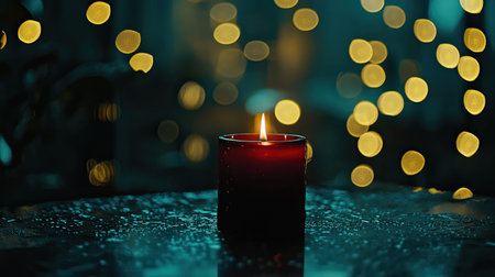 A single red candle flickers gently, casting a warm glow against a blurred bokeh backdrop. This serene scene evokes feelings of tranquility and relaxation, perfect for intimate moments.の素材