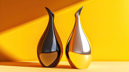 This image features two elegant ceramic vases with a unique curved design, set against a vibrant yellow background, enhancing modern decor aesthetics.の素材