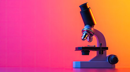 A sleek microscope set against a vibrant gradient background, showcasing its elegant design. Ideal for themes of science, research, and education.の素材