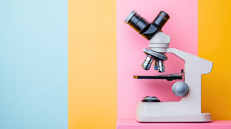 A colorful laboratory microscope positioned against vibrant pink and blue backgrounds, symbolizing modern scientific research and education. Ideal for academic projects.の素材