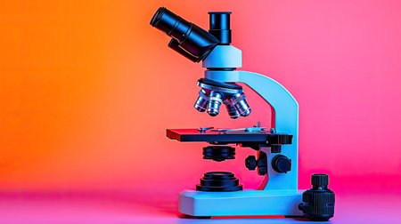 A sleek laboratory microscope stands against a vibrant gradient background. Ideal for visualizing scientific research, educational materials, and experiments in various disciplines.の素材