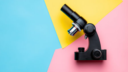 A black microscope positioned against vibrant blue, pink, and yellow backgrounds, symbolizing science and education. Ideal for academic use and educational purposes.の素材