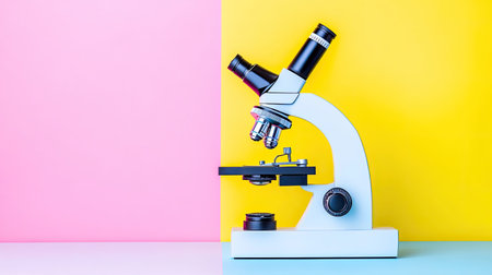 A vibrant laboratory microscope is positioned against split yellow and pink backgrounds, symbolizing innovation and education in scientific research.の素材