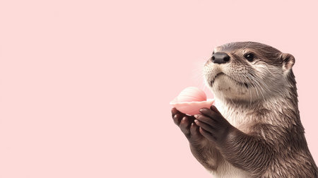 This adorable otter joyfully holds a seashell against a soft pink background. Ideal for nature lovers, this image captures warmth, playfulness, and aquatic charm.の素材