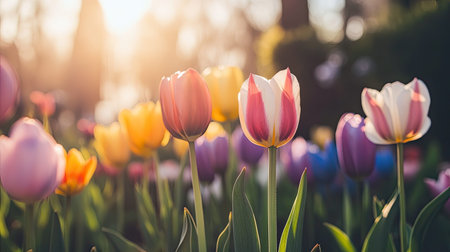 A breathtaking view of blooming tulips in vibrant colors under soft sunlight, capturing the essence of spring in a beautiful outdoor garden setting.の素材