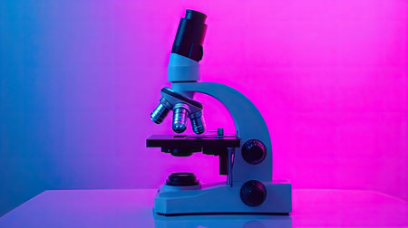 This artfully lit microscope sits on a sleek table, set against a vibrant purple and blue backdrop, perfect for educational materials or science-related projects.の素材