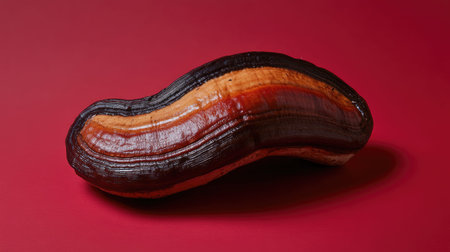 A stunning close-up image of a unique mushroom displaying vibrant colors and intricate textures against a bold red background, perfect for culinary and nature-themed projects.の素材