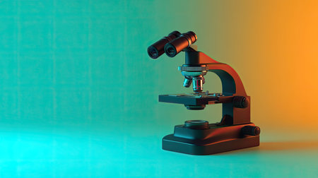 A sleek, modern microscope stands prominently on a vibrant background, symbolizing the intersection of science and education. Perfect for labs or teaching.の素材