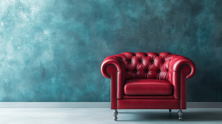 A stylish red leather armchair stands alone against a textured blue wall, creating a bold statement in contemporary interior design. Perfect for modern aesthetics.の素材
