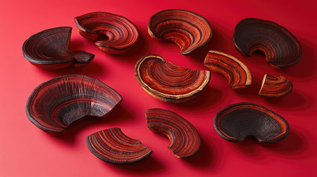 A striking collection of uniquely shaped wooden bowls arranged on a bright red background, showcasing the intricate textures and vibrant colors that enhance any artistic display.の素材