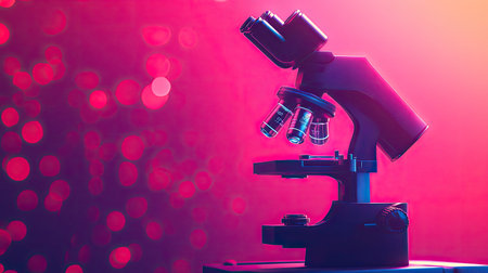 A striking image of a modern laboratory microscope set against a vibrant gradient background that emphasizes the themes of science and discovery in research.の素材