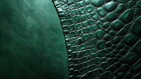 This image showcases a rich green leather texture featuring a crocodile pattern alongside a smooth leather finish, perfect for fashion and design themes.の素材