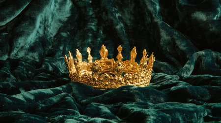 This stunning image features an ornate golden crown resting on rich green velvet fabric, suggesting themes of royalty and elegance in a captivating setting.の素材