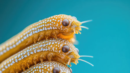 This stunning close-up captures three vibrant yellow caterpillars against a turquoise background, showcasing their unique patterns and textures in detail.の素材