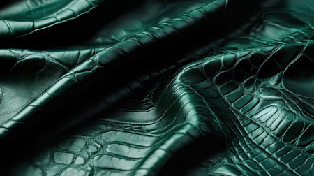 This captivating image showcases a luxurious green crocodile leather texture, highlighting its unique patterns and rich color. Perfect for fashion and design.の素材