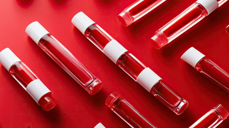 A captivating arrangement of glass vials containing colorful liquid displayed against a bright red background, ideal for cosmetic, skincare, or pharmaceutical branding.の素材