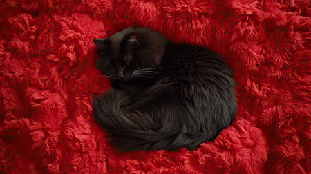 A serene black cat peacefully curled up on a plush red furry blanket, embodying a cozy atmosphere and inviting comfort surrounded by soft textures.の素材