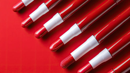 This image features a stunning array of red lipsticks positioned neatly on a shiny surface. The bold colors and sleek design showcase the beauty and elegance of makeup artistry, making it perfect for fashion and cosmetic-related content.の素材