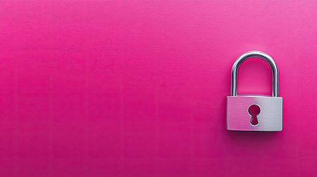 This image features a sleek silver padlock against a vibrant pink background, representing themes of security, privacy, and protection in a bold visual style.の素材