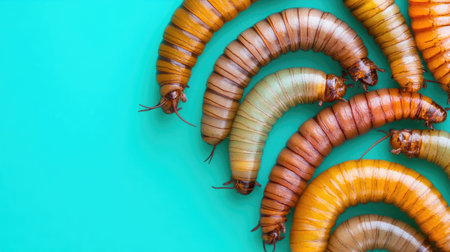 This image showcases a variety of colorful caterpillars arranged on a bright background, highlighting the intricate details and textures of these fascinating insects.の素材