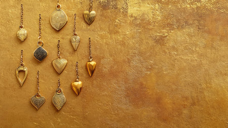 Stunning display of elegant gold jewelry pieces hanging against a rich golden background, highlighting intricate designs and luxurious beauty.の素材