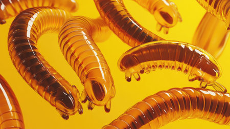 This vibrant abstract image features colorful transparent gel worms gracefully floating against a bright yellow background, creating a playful and surreal atmosphere.の素材