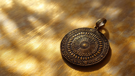 A stunning vintage round pendant featuring intricate designs, resting on a beautifully textured golden background. Ideal for jewelry photography.の素材