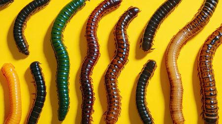 This image showcases a variety of colorful caterpillars on a bright yellow surface, highlighting their unique shapes and textures. Ideal for educational and nature-related projects.の素材