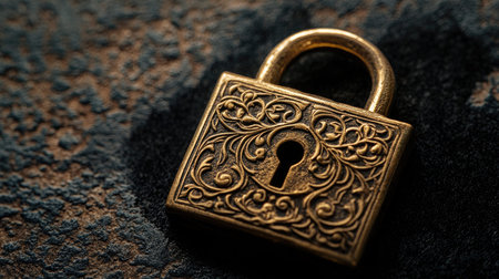 This image features an ornate brass padlock adorned with intricate floral patterns, set against a textured surface. The soft lighting highlights the craftsmanship and rich detail, making it a perfect representation of antique security design.の素材