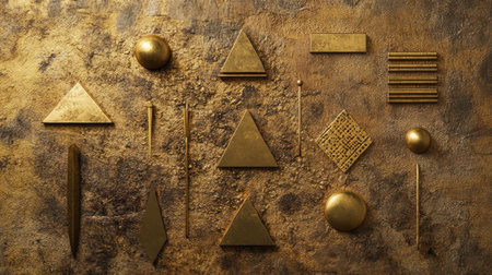 A collection of luxurious golden geometric shapes arranged on a textured surface, ideal for artistic projects, interior design, or creative illustrations.の素材