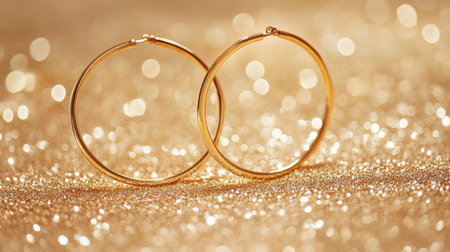 Stunning gold hoop earrings displayed against a shimmering background. Ideal for showcasing fashion, jewelry design, and elegant accessories in photography.の素材
