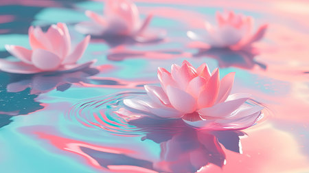 A breathtaking scene featuring delicate water lilies floating gracefully on a calm water surface, showcasing soft pastel colors and gentle ripples, evoking tranquility.の素材