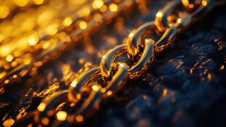 This close-up image showcases a beautiful gold chain with shiny links reflecting warm light on a textured background. The details highlight luxury and craftsmanship.の素材