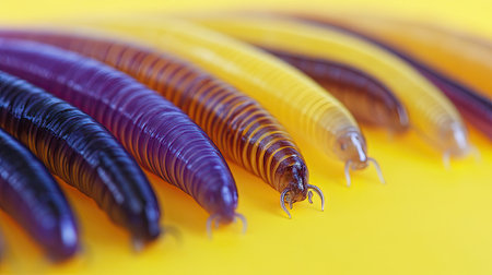 This image showcases a vibrant collection of soft plastic fishing lures in various colors arranged neatly on a bright yellow background, perfect for anglers.の素材