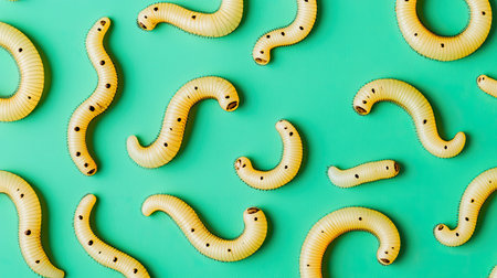 A vibrant array of yellow caterpillars sprawled across a bright green backdrop, showcasing their unique textures and patterns in a whimsical display.の素材