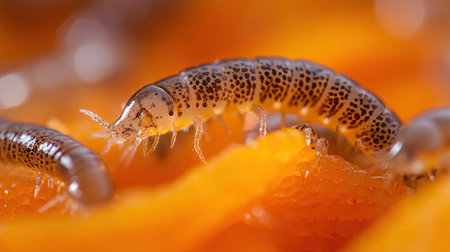 This macro photograph captures larvae exploring a vibrant orange surface, showcasing intricate details of their texture and habitat in nature.の素材