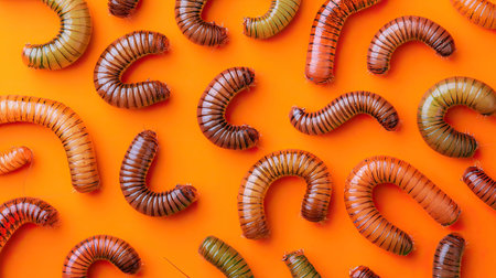 A captivating arrangement of colorful millipedes contrasts beautifully against a vibrant orange background, showcasing their unique patterns and textures.の素材